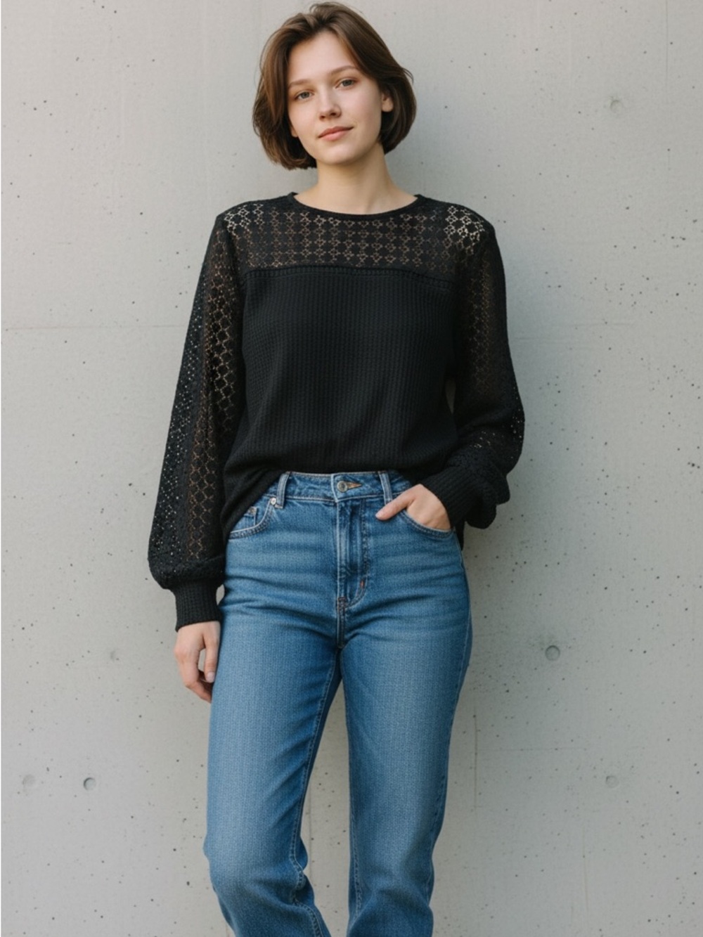 Black Siliteelon Lace Panel Knit Sweater Woman’s 2XL Long Sleeve NWT